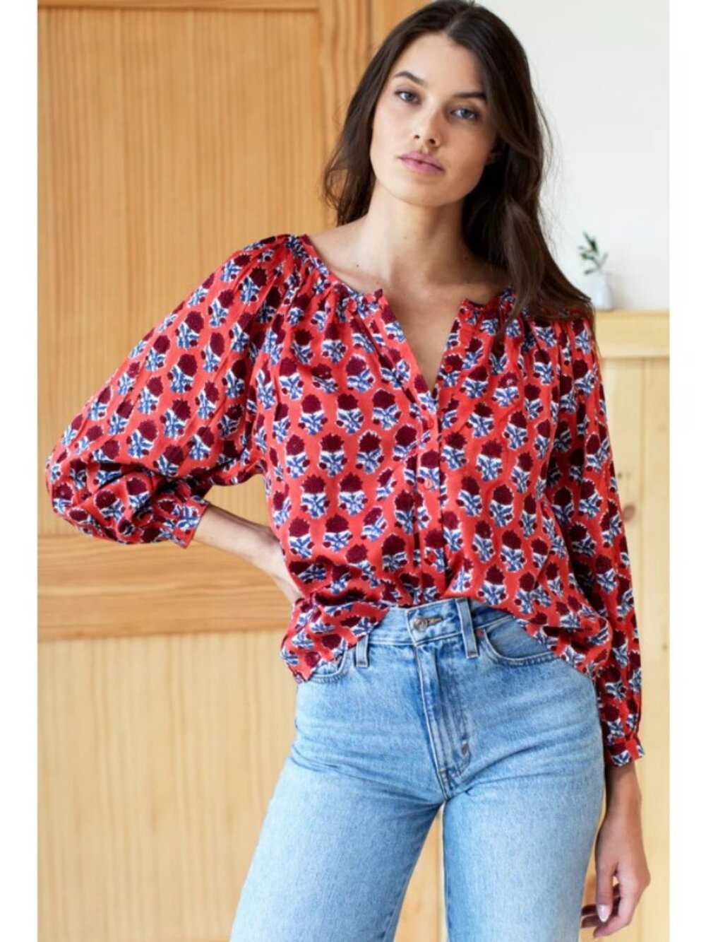 Emerson Fry India Collection Red Frances Blouse Carmen Flowers Flora, Size Small